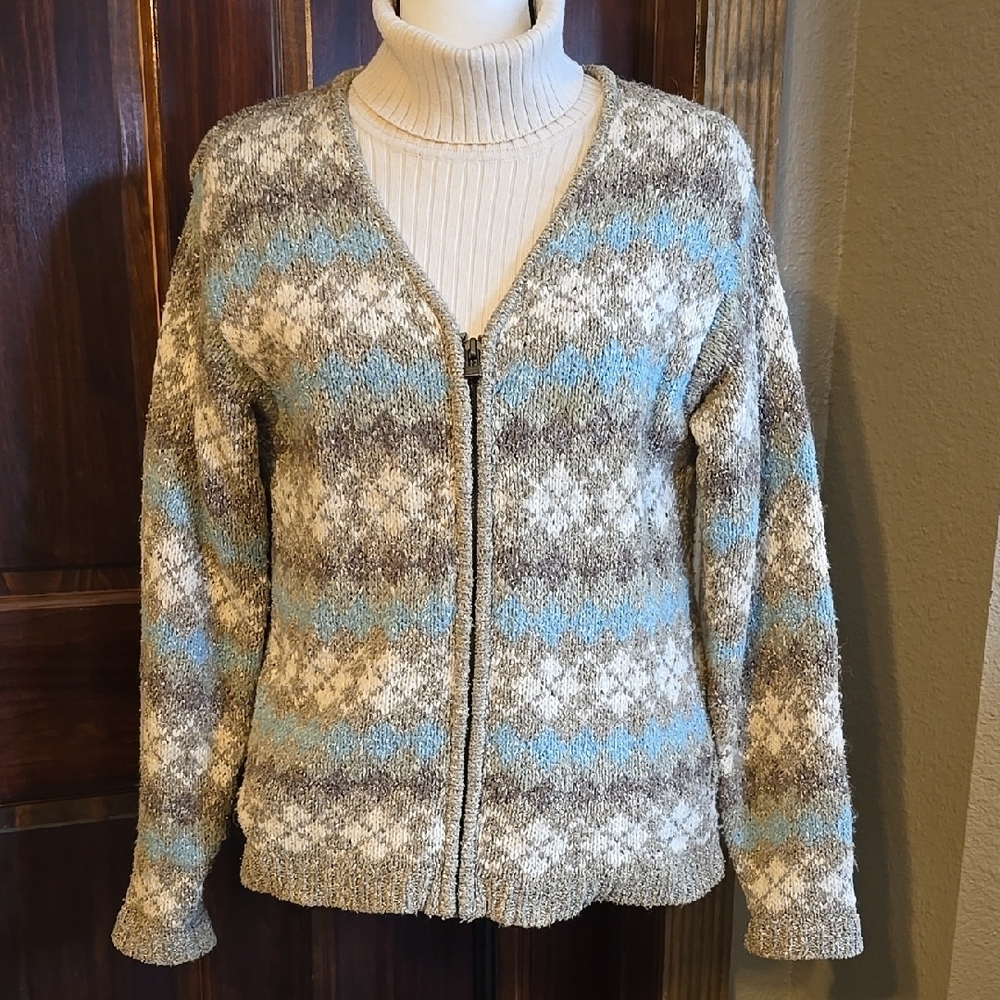 St John's Bay Blue Cardigan Sweater with V-neck and Zipper Closure